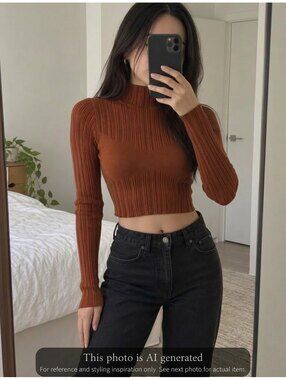 ZARA Ribbed Knit Brown Cropped Turtleneck Sweater Size M